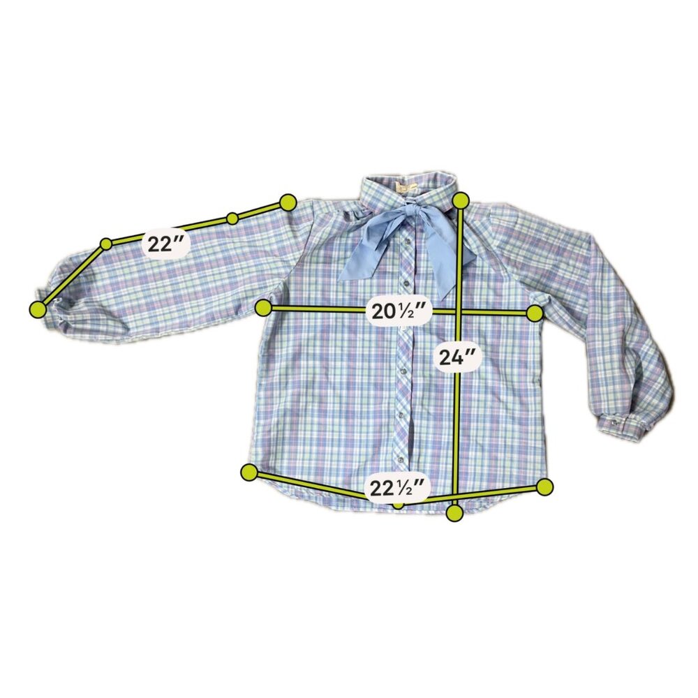 Vintage Plaid Button Up Blouse Blue Pink Bow Tie 1970s Business Shirt Retro - Picture 6 of 6